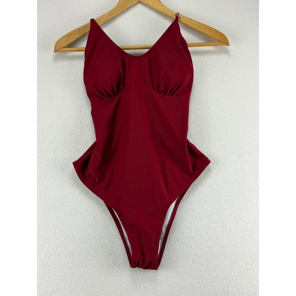 SHEIN One Piece Swimsuit Womens Large Burgundy‎ Red Lace Up Back High Cut
